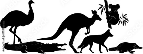Australian Animals Silhouettes: Crocodile, Kangaroo, Emu, Koala, Dingo, and Platypus
