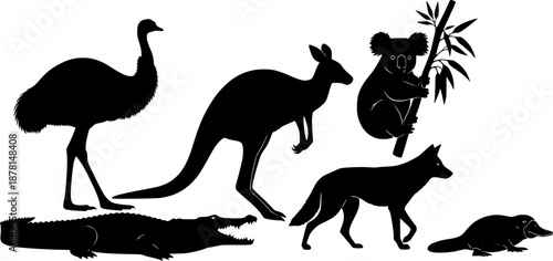 Australian Animals Silhouettes: Crocodile, Kangaroo, Emu, Koala, Dingo, and Platypus
