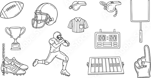Doodle icons of american football elements for sports enthusiasts and events
