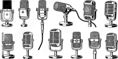 Vintage microphone illustrations in black and white, perfect for music and audio projects
