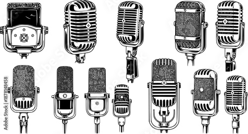 Vintage microphone illustrations in black and white, perfect for music and audio projects
