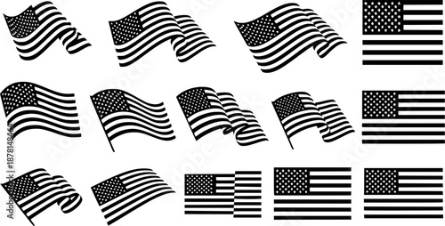 Black and white USA flag icons in various waving and static styles. Set of American national flag symbols isolated on white background for banner, header and poster design