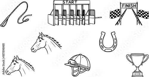 Hand-drawn icons representing horse racing elements like a whip, starting gate, and finish line

