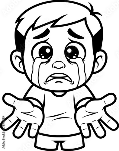 Sad cartoon boy crying with open hands asking for help
