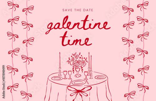 Valentine and Galentine’s Day Hand-Drawn Doodle Background with Romantic Love Icons, Food, Drinks and ‘Galentine Time’ Typography in Red and Pink Vector Style
