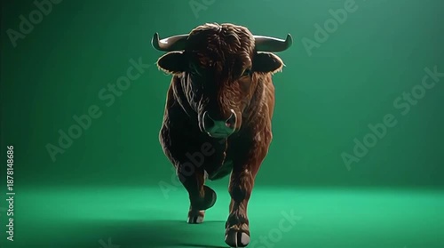 Dynamic Charging Bull on Vibrant Green Background Representing Raw Power and Unstoppable Force