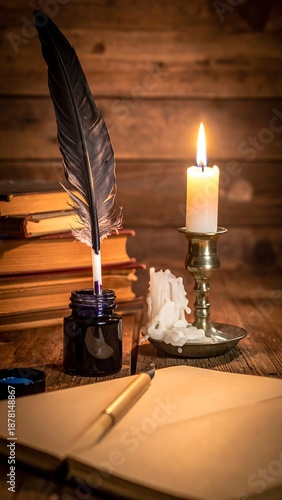 Illuminated by candlelight, a scene with a journal, pen, inkwell, feather quill and stack of books on wooden surface