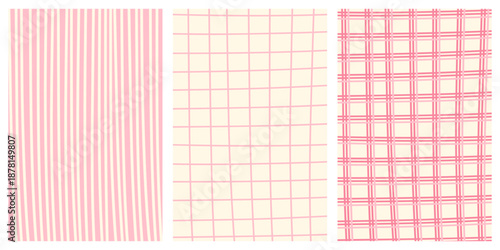 Three pink patterned backgrounds with stripes and grids, vector pastel valentine bg. Whimsical coquette retro, vintage hand drawn abstract pastel pink backgrounds.