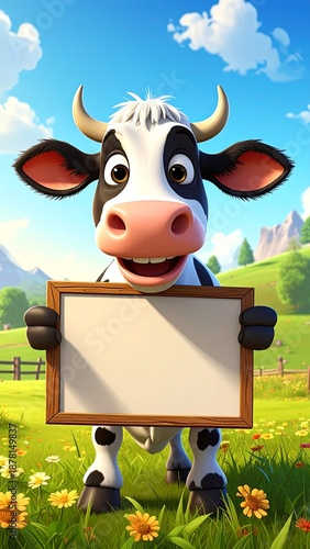 Cheerful cartoon cow holding a blank sign stands in a lush meadow under a bright, sunny blue sky