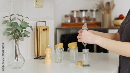 A girl pours spice seasoning from a bag into a jar.
