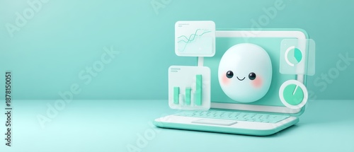 Cute AI Assistant on Laptop Dashboard with Business Data Analytics