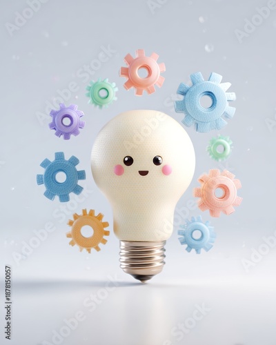 Cute Light Bulb with Colorful Gears Representing Innovation and Creative Ideas