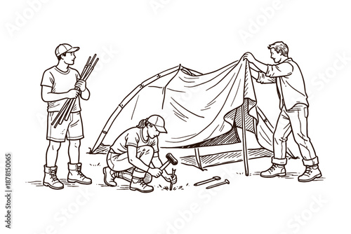 Illustration of a group of campers setting up a tent. Outdoor teamwork and camping preparation concept. Vector illustration.