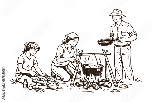 Illustration of three people cooking together at a campsite. Outdoor cooking and teamwork concept. Vector illustration.