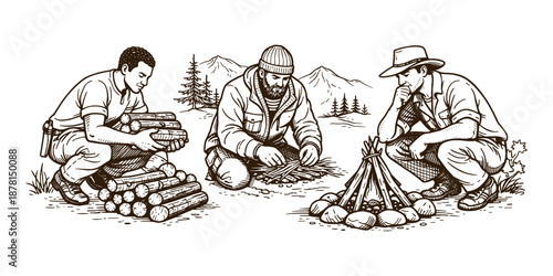 Illustration of three men preparing a campfire in the outdoors. Camping and wilderness survival skills concept. Vector illustration.