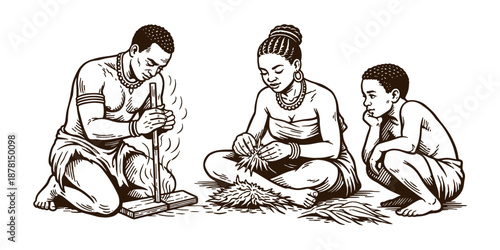 Illustration of a family practicing traditional fire-starting techniques. Cultural knowledge, survival skills, and heritage concept. Vector illustration.