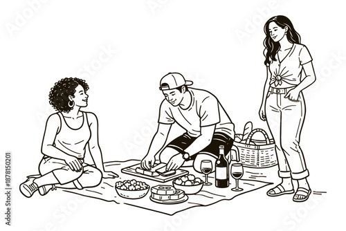 Illustration of three friends enjoying a picnic. relaxed atmosphere. Vector illustration.