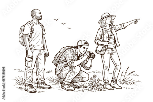 Illustration of three people enjoying a nature hike. Photographing wildflowers. Vector illustration