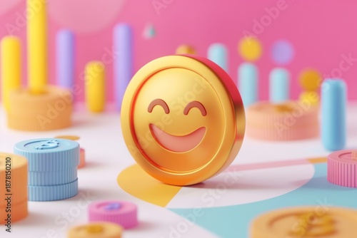 Happy 3D Coin Character with Colorful Financial Growth Chart Background