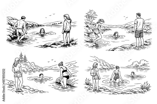 Illustration of multiple scenes showing people swimming and relaxing by a lake or river. Vector illustration