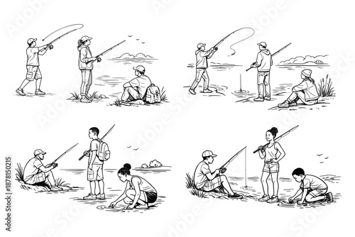 Illustration of multiple people fishing by a lake or river in various scenes. The scenes convey a peaceful outdoor fishing trip in nature. Vector illustration.
