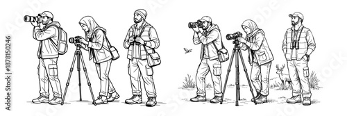 Muslim and Middle Eastern wildlife photographers and explorers with cameras and binoculars in nature. Wildlife photography, eco tourism, outdoor education and documentary concept. Vector illustration.