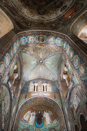 Interior of the Basilica di San Vitale in Ravenna, Italy, featuring 6th-century Byzantine mosaics, a UNESCO World Heritage site.