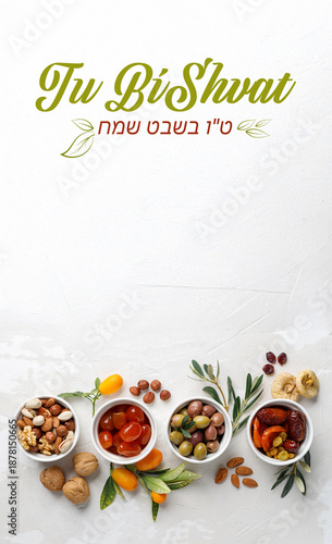 Mix of dry fruits and nuts, branch with young green leaves. Concept of the Jewish holiday Tu Bishvat