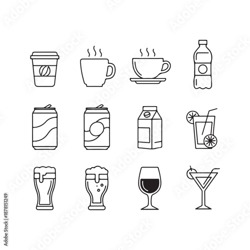 Black line of various drinks on white background drink beverage line coffee cup