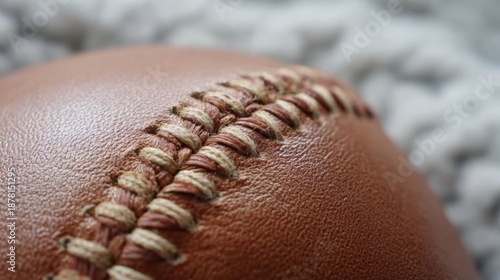 Close-up of a brown leather baseball. the ball is resting on a gray and white textured surface. the stitching on the ball is visible, with the stitches in a criss-cross pattern.