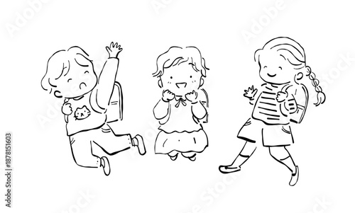 ランドセルを背負って入学をよろこぶ子どもたちの手描き線画イラスト