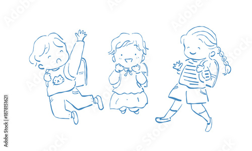 ランドセルを背負って入学をよろこぶ子どもたちの手描き線画イラスト