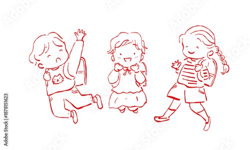 ランドセルを背負って入学をよろこぶ子どもたちの手描き線画イラスト