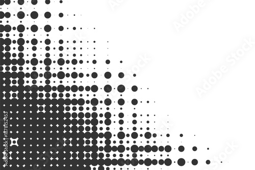 Geometric black and white halftone background with large circles fading to small dots in a corner radial pattern Vector Illustration