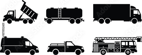 Utility vehicle silhouette set, 6 black vector icons of dump truck, tanker, box truck, van, pickup, and fire truck