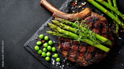 A large grilled steak is placed on a black slate board topped with asparagus and surrounded by green peas. The meal is arranged nicely for dinner time.