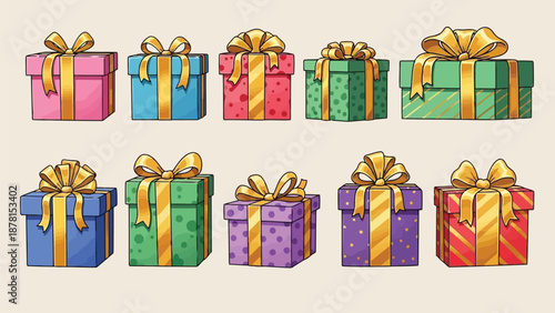 Vector illustration set of colorful birthday and Christmas gift boxes featuring festive ribbons and decorative bows for a happy holiday celebration surprise or anniversary shopping design