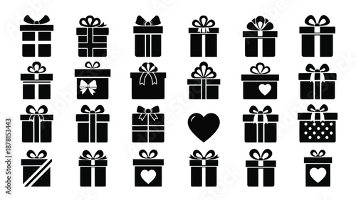 Set of vector icons featuring a 3d Christmas gift box illustration with a ribbon bow for holiday celebration and birthday surprise decoration