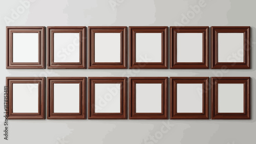 A set of blank wooden frames with vintage gold borders hangs on a gallery wall, creating an empty exhibition space for antique art and photos