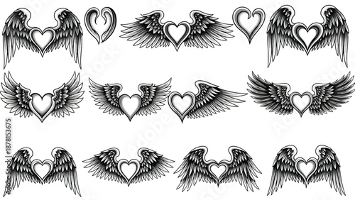 Collection of heart shaped wings tattoo designs Vector, illustration