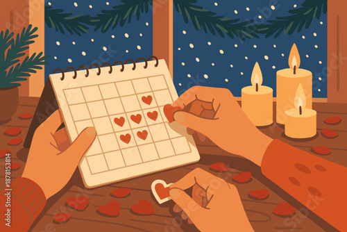 Cozy outside dates romantic calendar scene wooden winter nearby vector illustration scattered