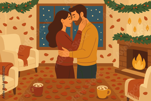 Illustration winter candles bliss floor holiday romantic rose cocoa scattered vector moment