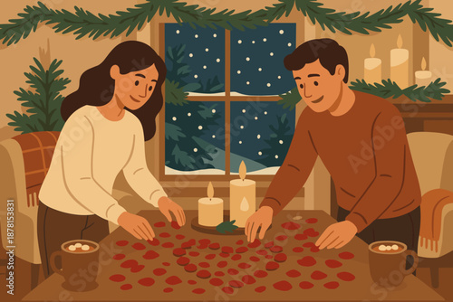 Window scene romantic ambiance vector warm cocoa illustration winter holiday garlands