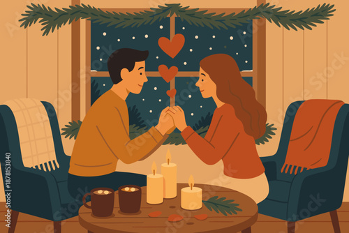 Winter cozy romance mugs vector illustration candles ornaments floating glowing decorating window
