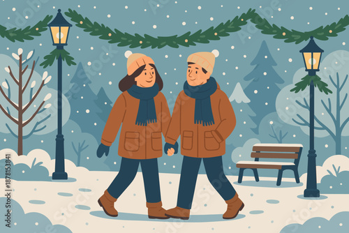 Illustration softly walk winter coordinated glowing garlands falling jackets vector cozy couple