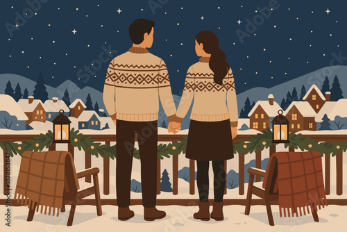 Balcony illustration sweaters starry railing romantic vector winter couple garlands night scene