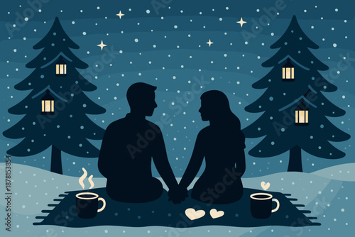 Romance winter romantic under night sky cozy intimate illustration mugs cocoa vector