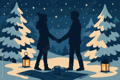 Night above romantic holding around winter cocoa illustration glowing trees vector ground