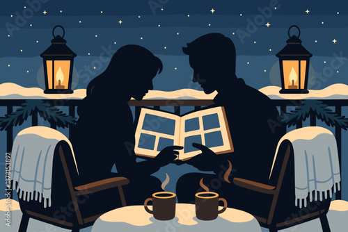 Silhouetted nearby vector memories decorating winter warm railing black reviewing illustration starry