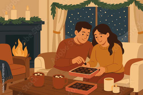 Illustration sharing vector candles softly chairs cozy falling box interior table chocolate